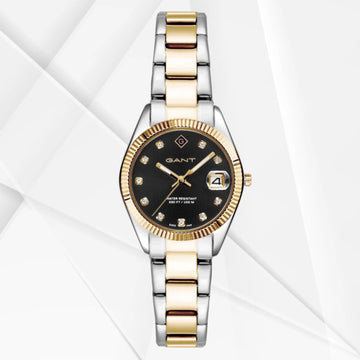 Γυναικείο ρολόι Gant Sussex Mini Stones G181018 με δίχρωμο ασημί-χρυσό ατσάλινο μπρασελέ και μαύρο καντράν 28mm με ζιργκόν, σε φόντο.